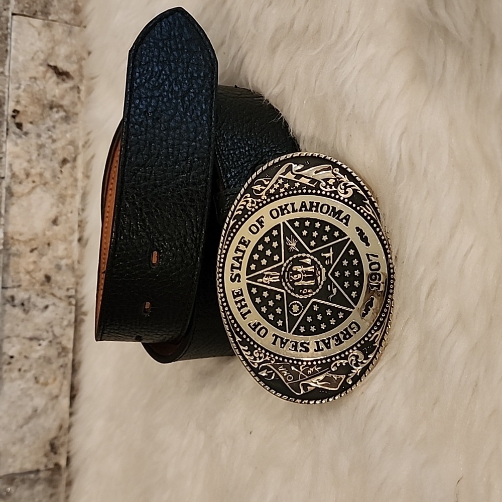 Nocona Black Leather Belt with Silver Oklahoma 1907  Buckle